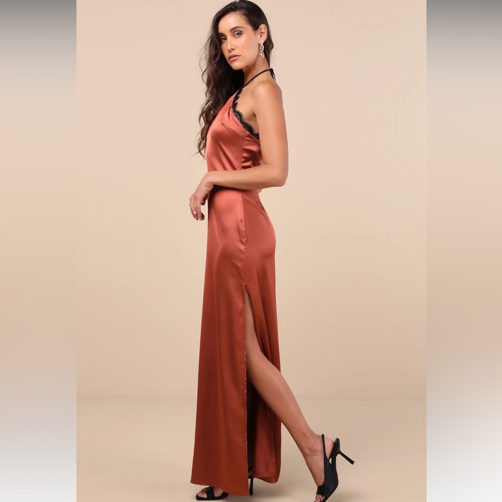 Lulus Mairwen Rust And Black Satin Lace Halter Maxi Dress Orange - Size M - Picture 3 of 6
